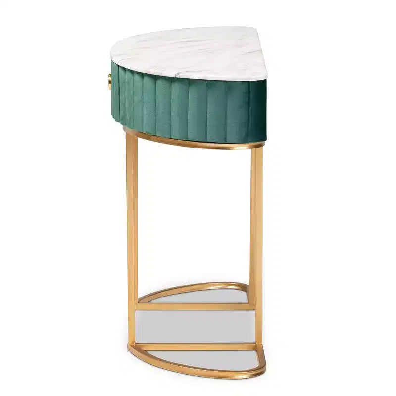 1 tiroir, velours, table console capitonnée et brossée Vert/Doré : Plateau en faux marbre, cadre en MDF