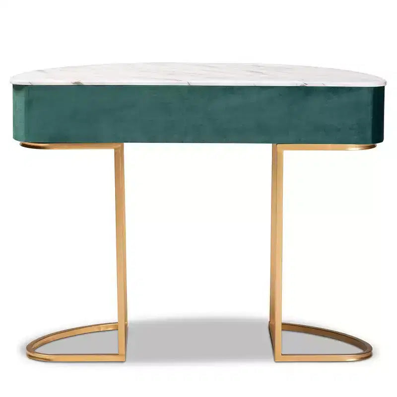 1 tiroir, velours, table console capitonnée et brossée Vert/Doré : Plateau en faux marbre, cadre en MDF