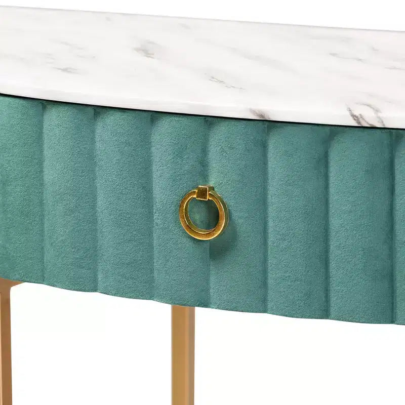 1 tiroir, velours, table console capitonnée et brossée Vert/Doré : Plateau en faux marbre, cadre en MDF