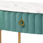1 tiroir, velours, table console capitonnée et brossée Vert/Doré : Plateau en faux marbre, cadre en MDF