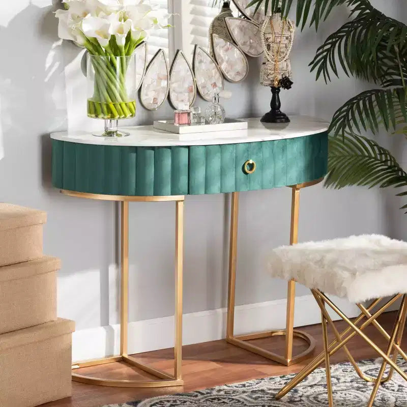 1 tiroir, velours, table console capitonnée et brossée Vert/Doré : Plateau en faux marbre, cadre en MDF
