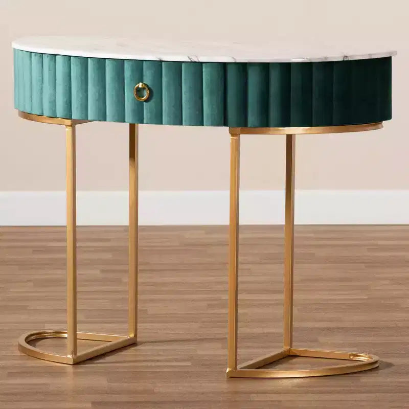 1 tiroir, velours, table console capitonnée et brossée Vert/Doré : Plateau en faux marbre, cadre en MDF